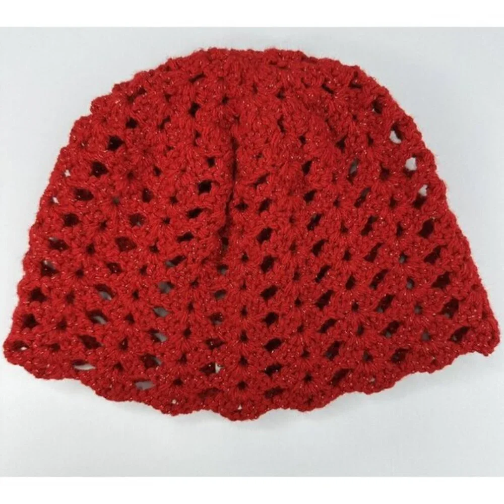 Created By‎ Cyd Big Twist Lacy Cloche Crochet Hat Twinkle Red Metallic NEW